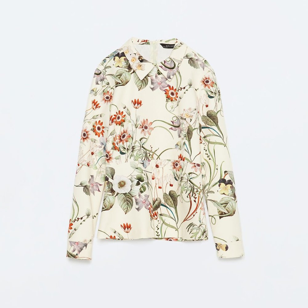 Zara Floral Long Sleeve Peplum Top XS